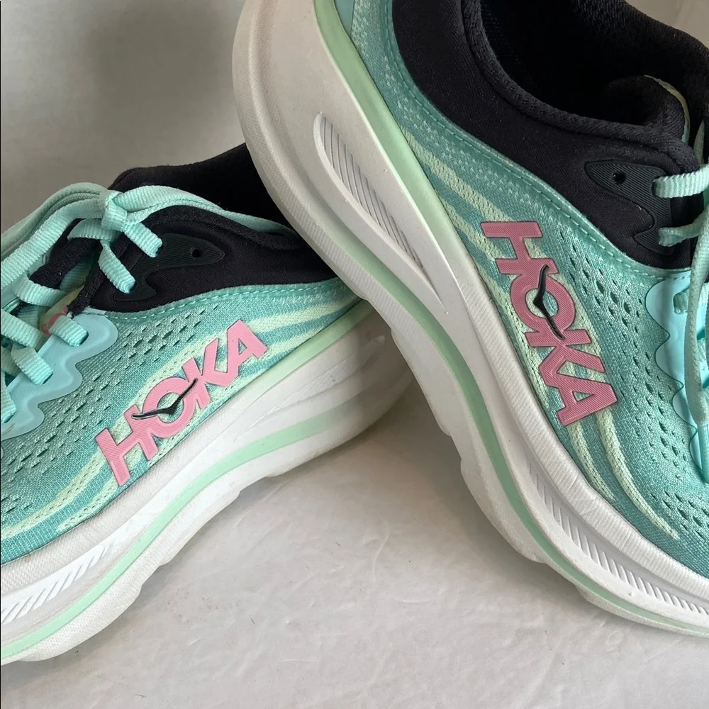 HOKA One One Bondi 9 Running Athletic Shoes Size 6.5 B Blue Spark Mint Fluorite - Picture 2 of 12